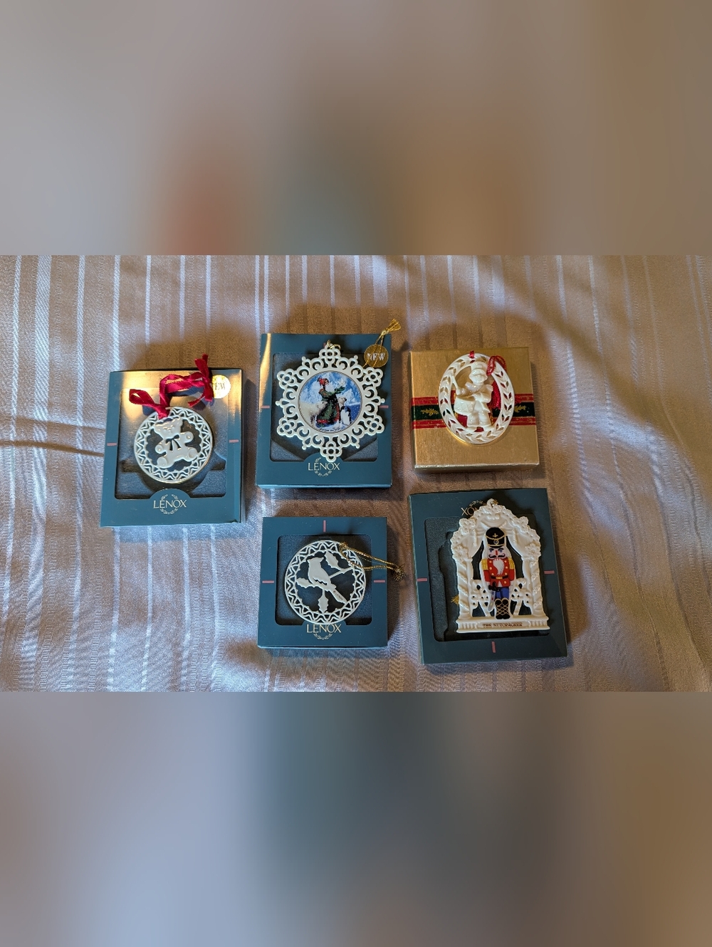 Lenox White Porcelain Holiday Ornament Set with Red and Gold Accents Set Of 5